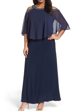 Alex Evenings Navy Cold-Shoulder Chiffon Maxi with Beaded Neckline